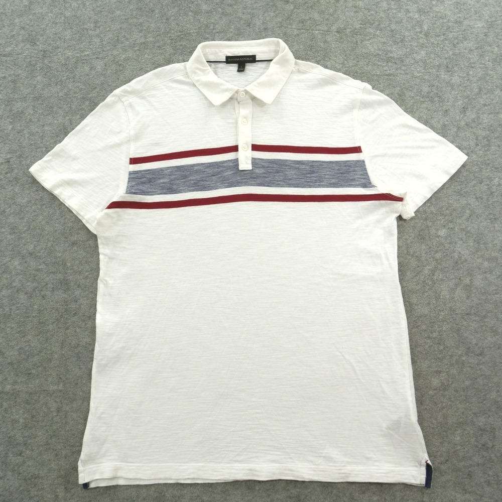 Banana Republic Polo Shirt Mens Large White Short Sleeve Casual Striped